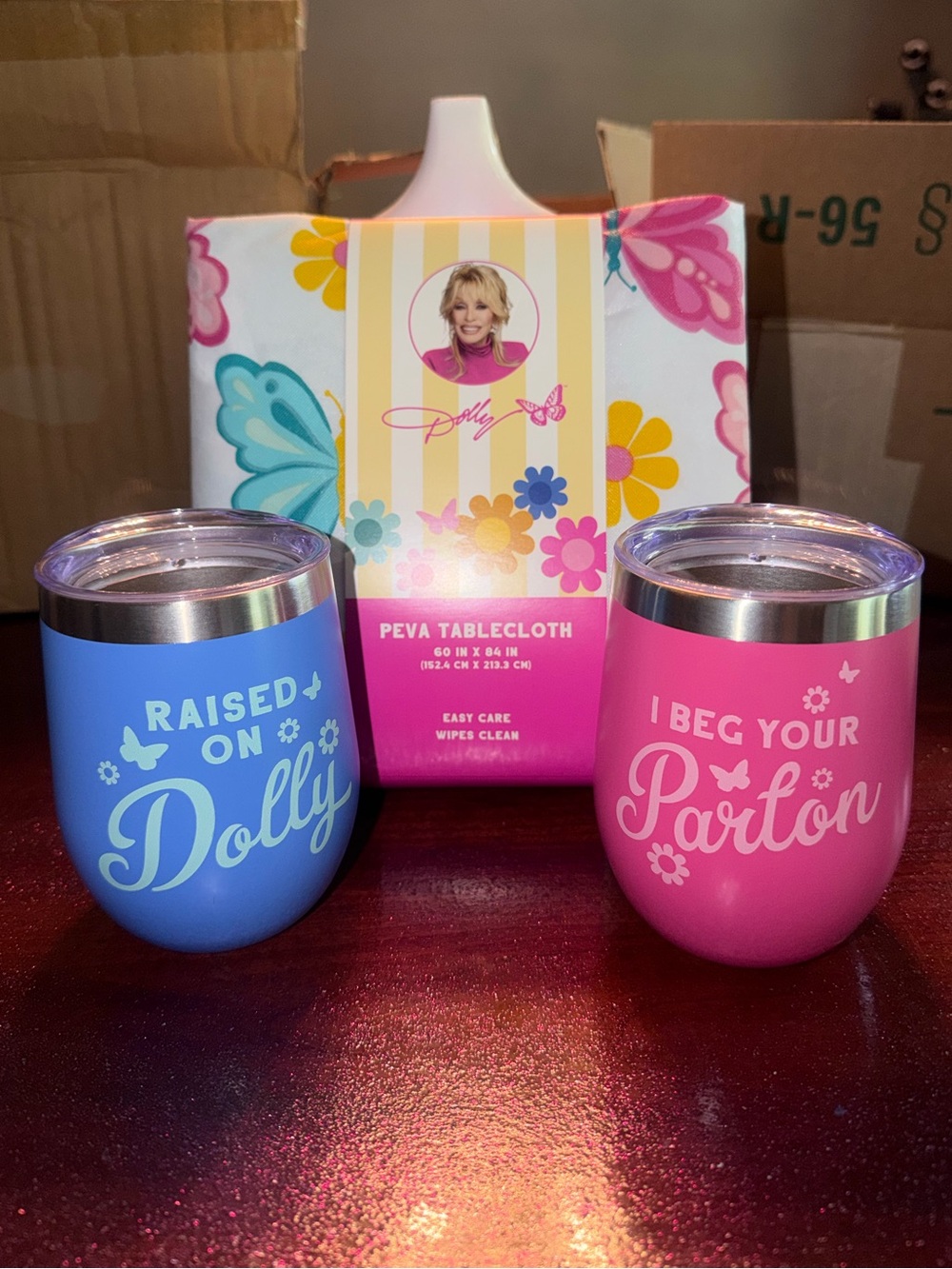 Dolly Parton Bundle - Butterfly and Floral Tablecloth and 2 Stainless Tumblers